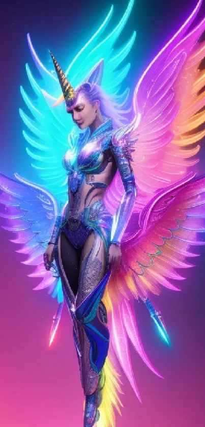 Futuristic neon angel with vibrant colorful wings in a fantasy setting.