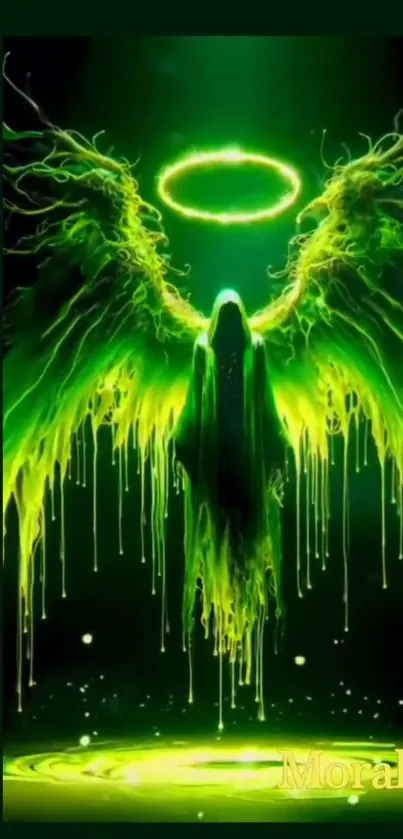 Neon green angel with glowing wings in an ethereal setting.