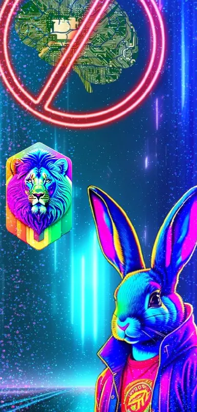 Neon art wallpaper with rabbit and lion design in vibrant colors.