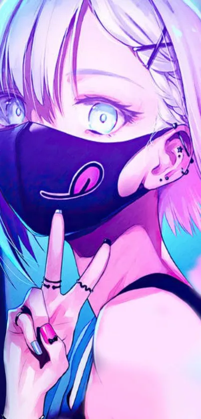 Anime girl with neon colors and mask in vibrant artwork.