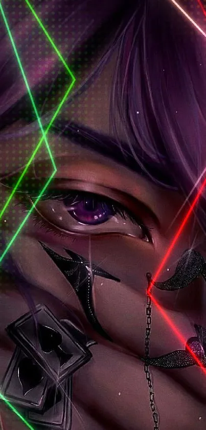 Purple eye with neon lines and geometric patterns in anime style.