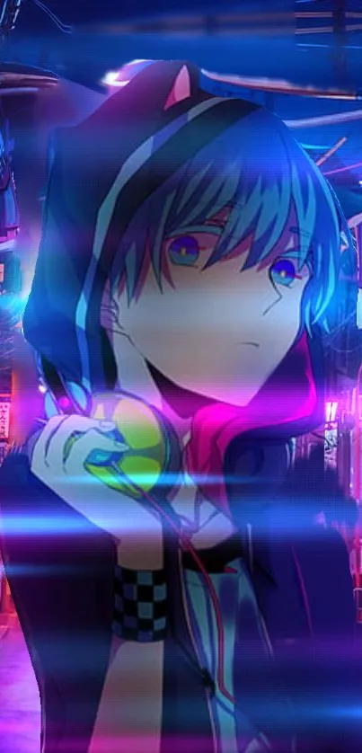 Vibrant neon anime artwork featuring a hooded character.