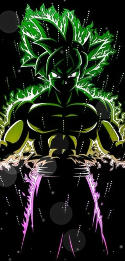 Anime fighter with neon green energy glowing in the dark.