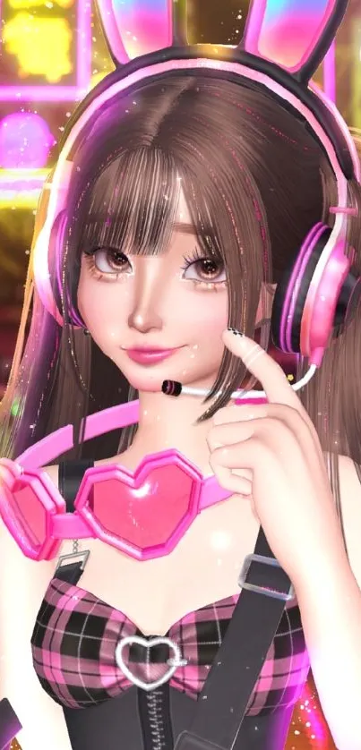 Anime girl with neon headphones and vibrant colors in cityscape.