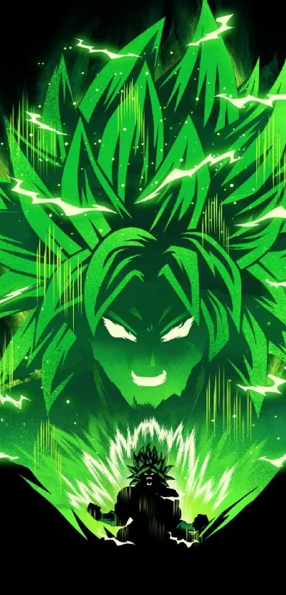 Intense anime figure with neon green energy on a dark background.