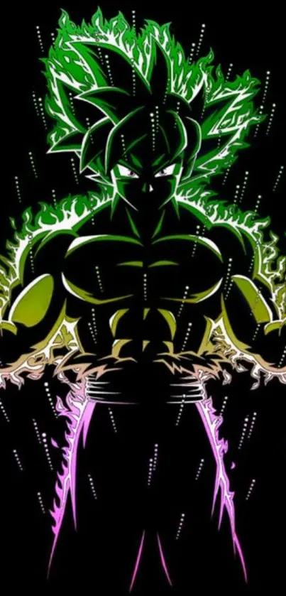 Anime warrior with neon green and purple energy glowing.