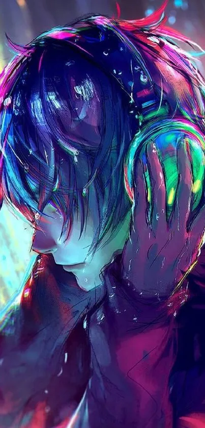 Anime character with headphones in vibrant neon colors.