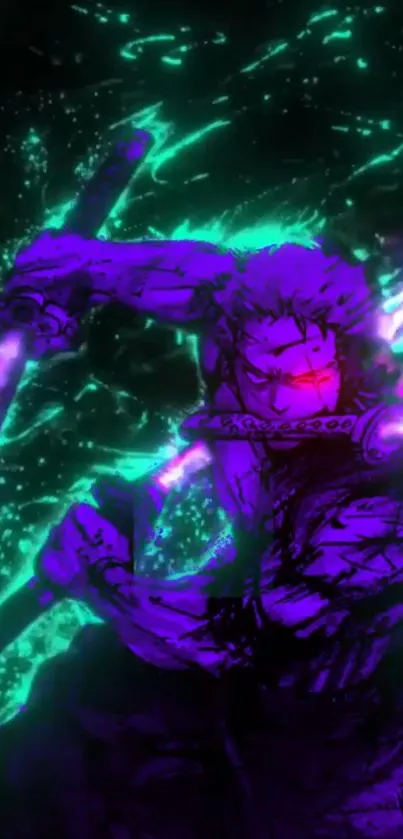 Anime warrior in vibrant neon colors with purple and green hues.