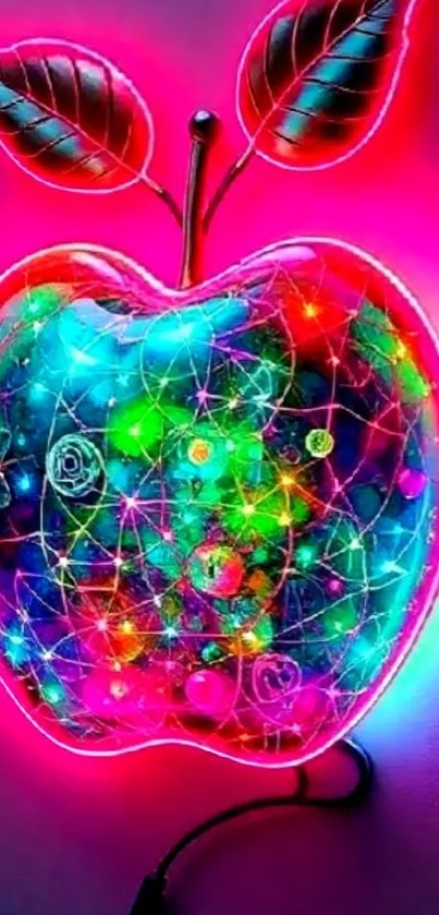 Vibrant neon apple with colorful, glowing design and intricate patterns.