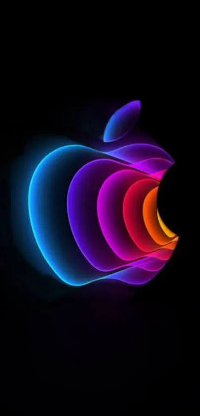 Vibrant neon Apple logo on black background.