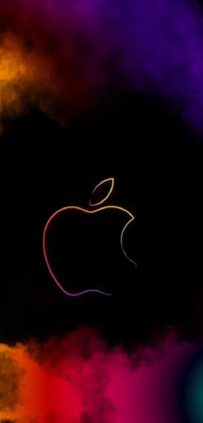 Vibrant neon Apple logo with colorful smoke design.