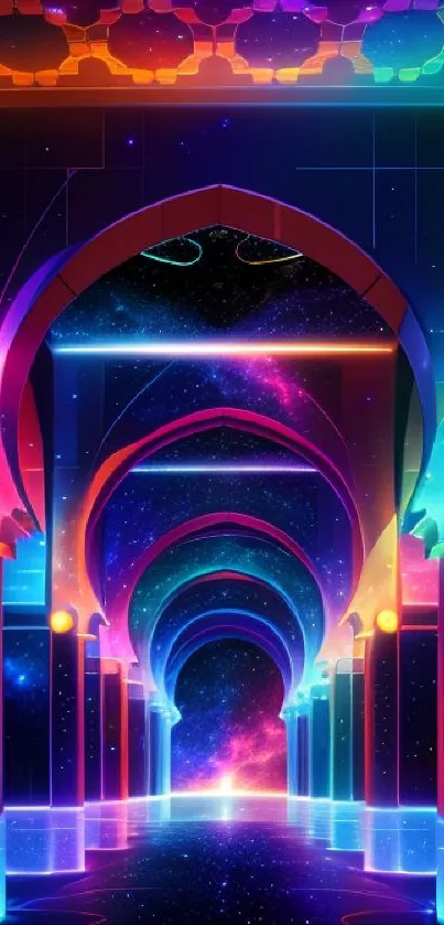 Vibrant neon archway with cosmic backdrop in a mobile wallpaper.