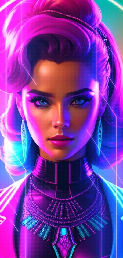 A vibrant neon art deco wallpaper with a retro-futuristic design and colorful elements.