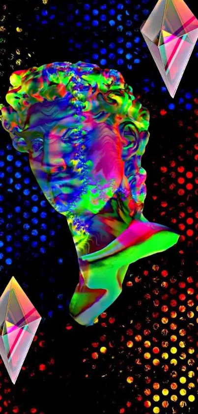 Vibrant neon art wallpaper with colorful sculpture and geometric patterns.