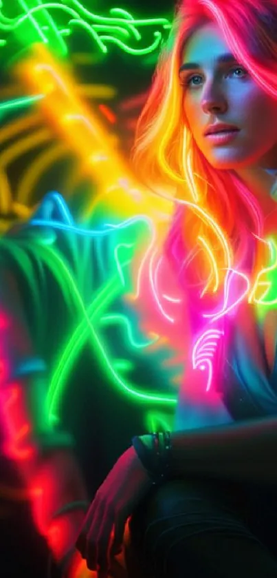 Vibrant neon art with glowing colors and shadowed figure in immersive style.