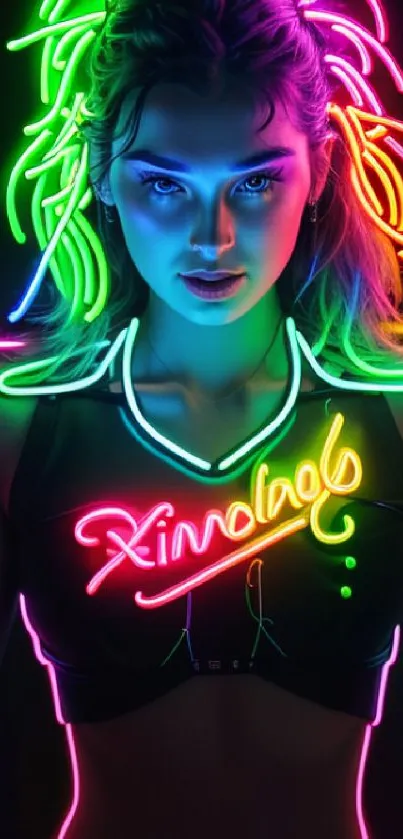 Neon art wallpaper with vibrant glowing figure and multicolored design.