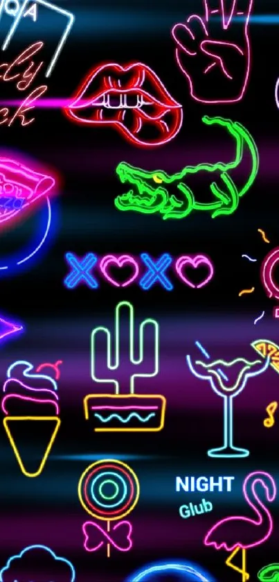 Colorful neon symbols wallpaper for mobile.