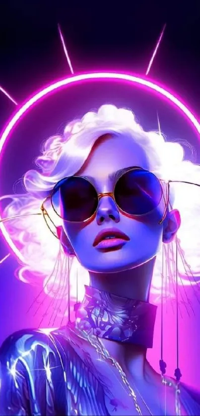 Futuristic figure with neon halo in digital artwork.