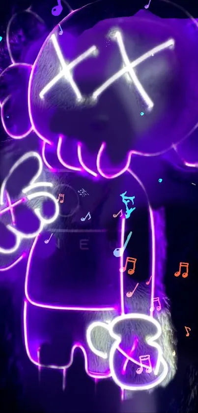 Neon art wallpaper with a glowing character and musical notes.