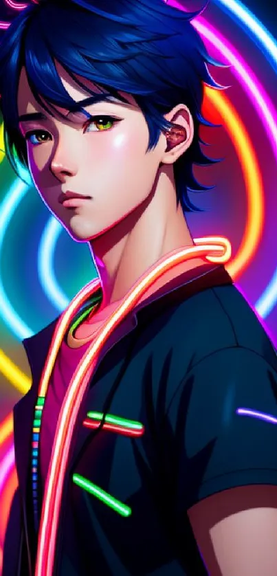 Stylized portrait with neon lights and vibrant colors on a dark background.