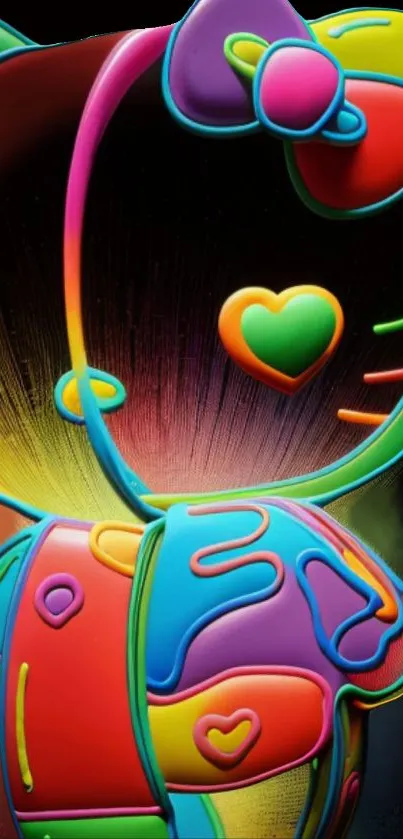 Colorful neon abstract design wallpaper with heart shapes and vibrant colors.