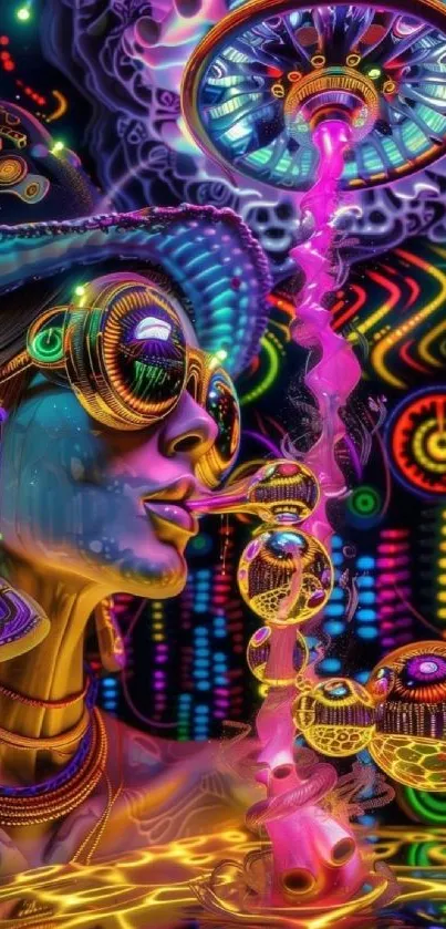 A vibrant psychedelic neon art wallpaper with intricate details.