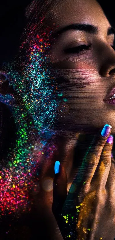 Vibrant neon art portrait with colorful splashes on a serene face.