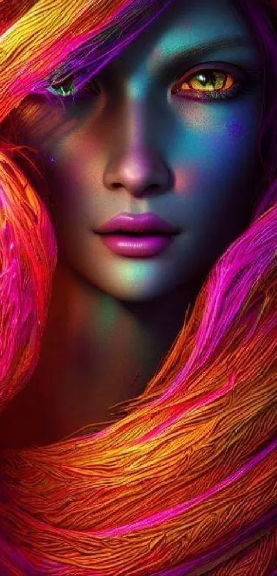 Vibrant neon portrait with colorful hair and artistic design.