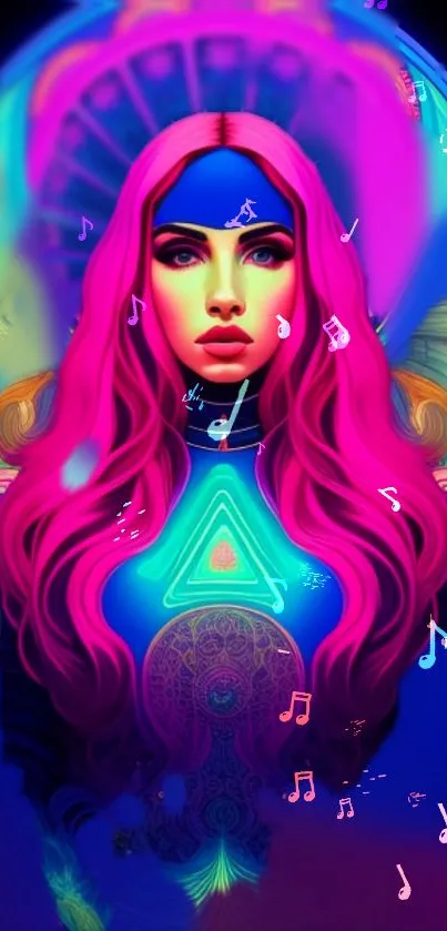 Vibrant neon art wallpaper with pink-haired character and abstract designs.