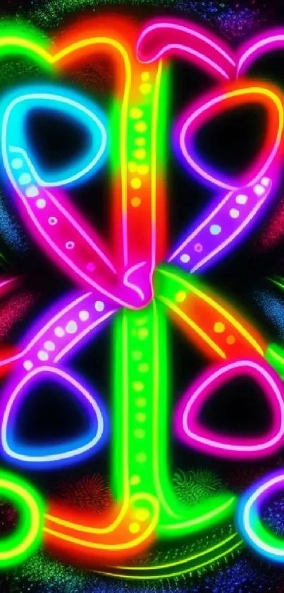 Colorful neon shapes on a dark background, perfect for vibrant phone wallpaper.