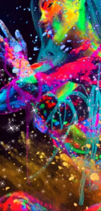 Vibrant neon art wallpaper with colorful paint splashes.