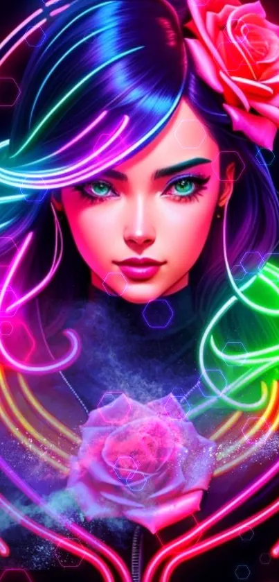 Neon art wallpaper featuring a colorful, futuristic portrait.