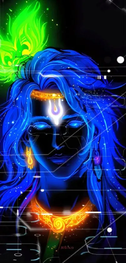 Neon art wallpaper with blue and green glowing mystical figure.