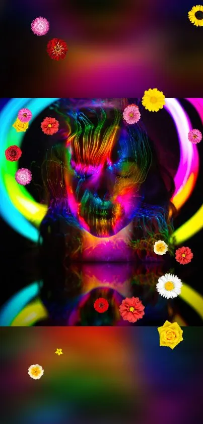 Vibrant neon colors and floral elements on phone wallpaper.