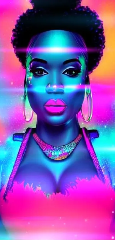 Futuristic woman in neon galaxy art wallpaper.