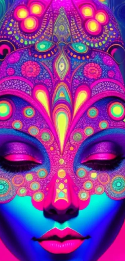 Psychedelic neon face art wallpaper with vibrant colors and intricate patterns.