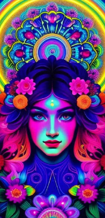 Vibrant neon art wallpaper with female portrait and floral elements.