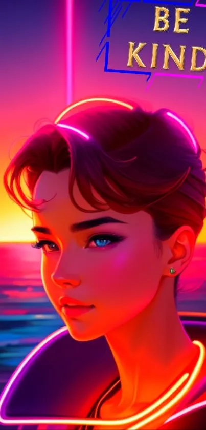 Stylish character in neon art with 'Be Kind' message, sunset background.