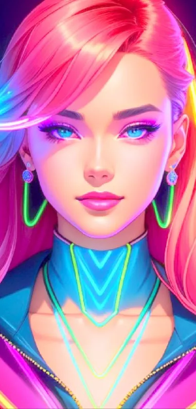 Vibrant neon artwork featuring a futuristic character.