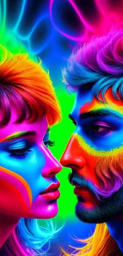 Vibrant neon couple portrait with colorful designs.