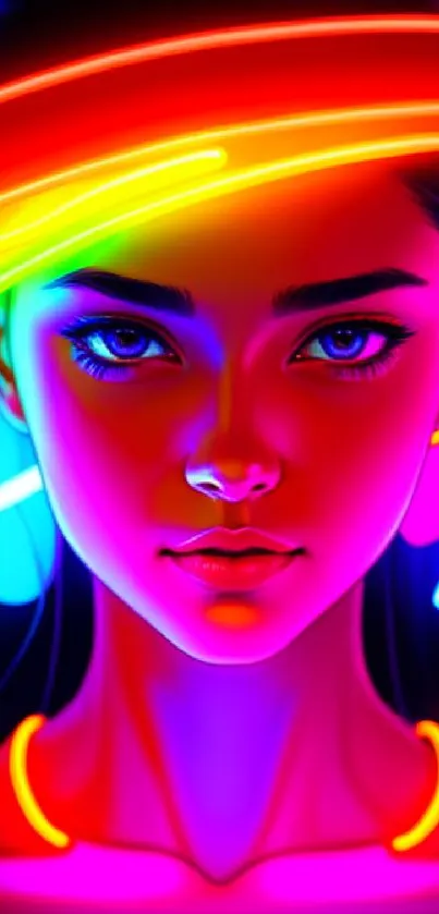 Vivid neon portrait with colorful lights and vibrant hues.