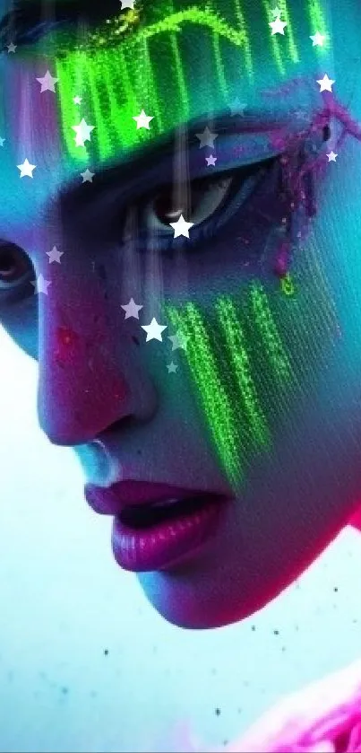 Vibrant neon art of a face with intense colorful hues.