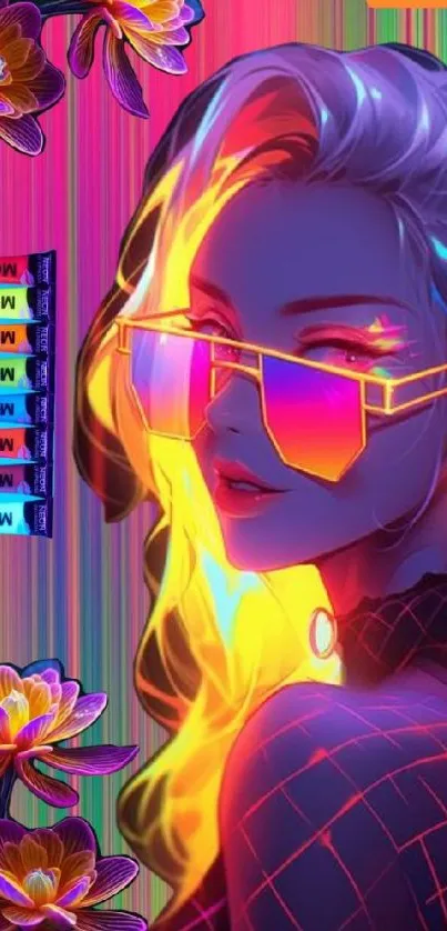 Anime character with neon sunglasses and flowers in background.