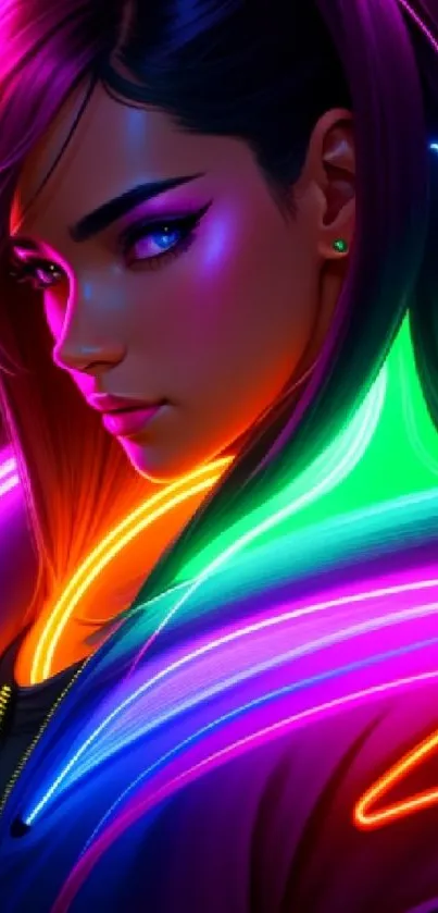 Futuristic anime style neon art wallpaper with vibrant colors.