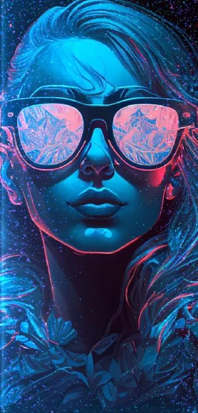 Vibrant neon art with blue and pink hues featuring a stylish portrait.