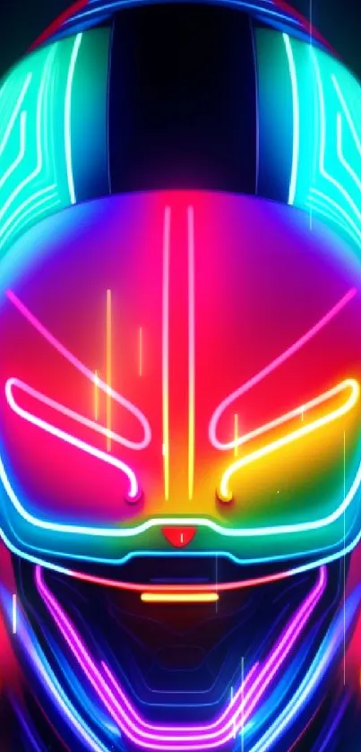 Futuristic neon helmet with glowing colors and intricate design.