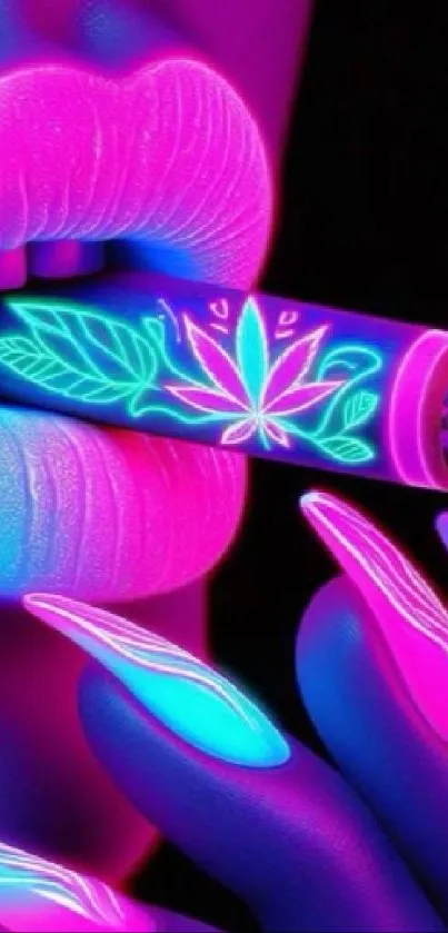 Vibrant neon art with glowing lips and nails in colorful hues.