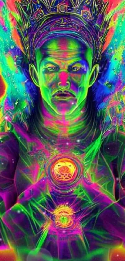 Psychedelic neon artwork featuring a mystical figure.