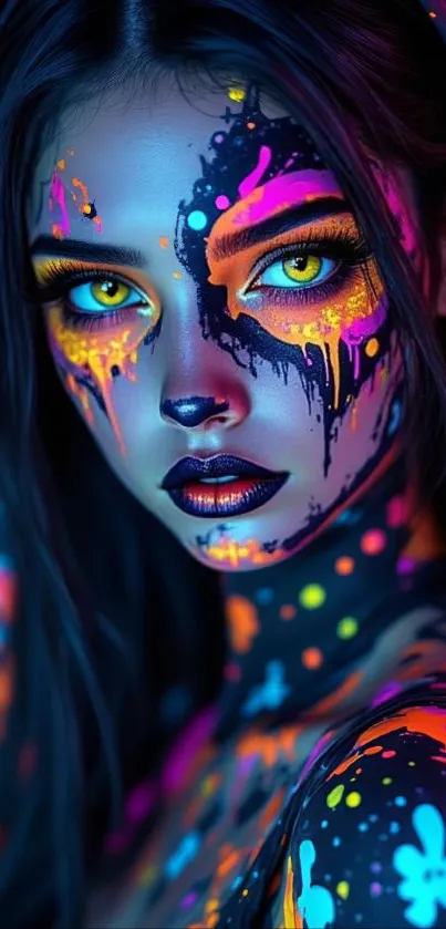 Vibrant neon portrait with colorful paint design.