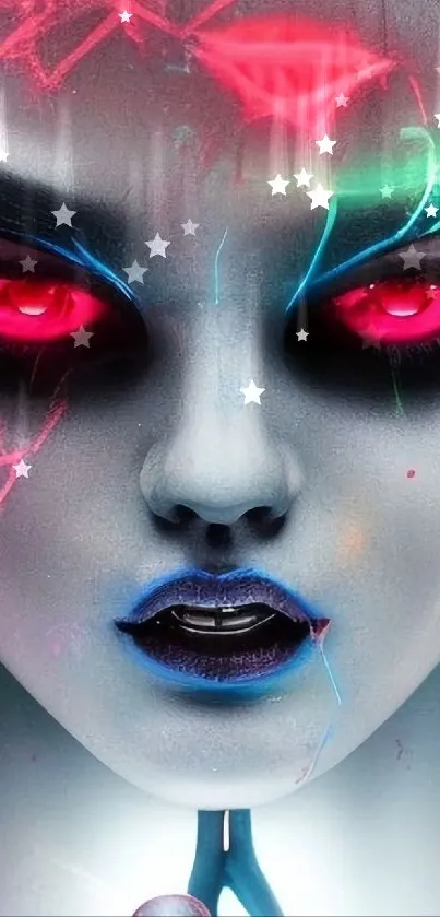 Neon alien portrait wallpaper with glowing eyes.